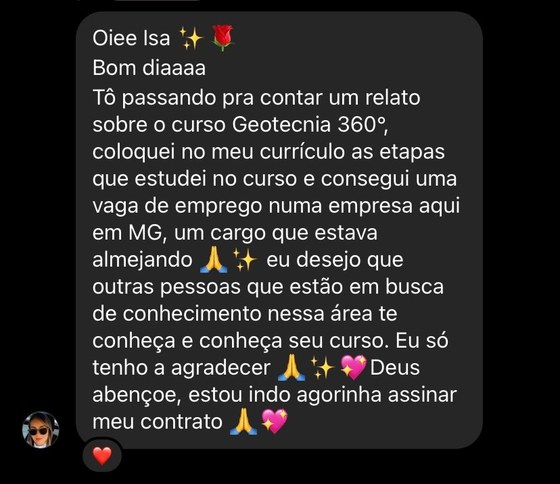 Mensagem de aluna contando que conseguiu emprego em MG após o curso