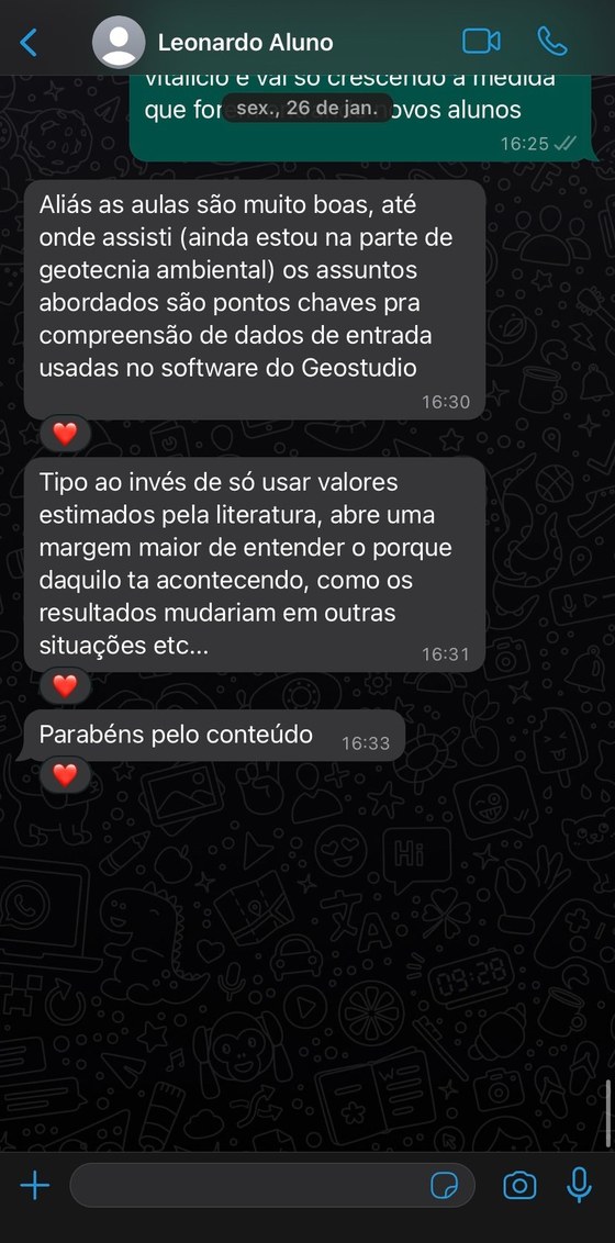 Mensagem do aluno Leonardo elogiando a abordagem de dados de entrada no GeoStudio